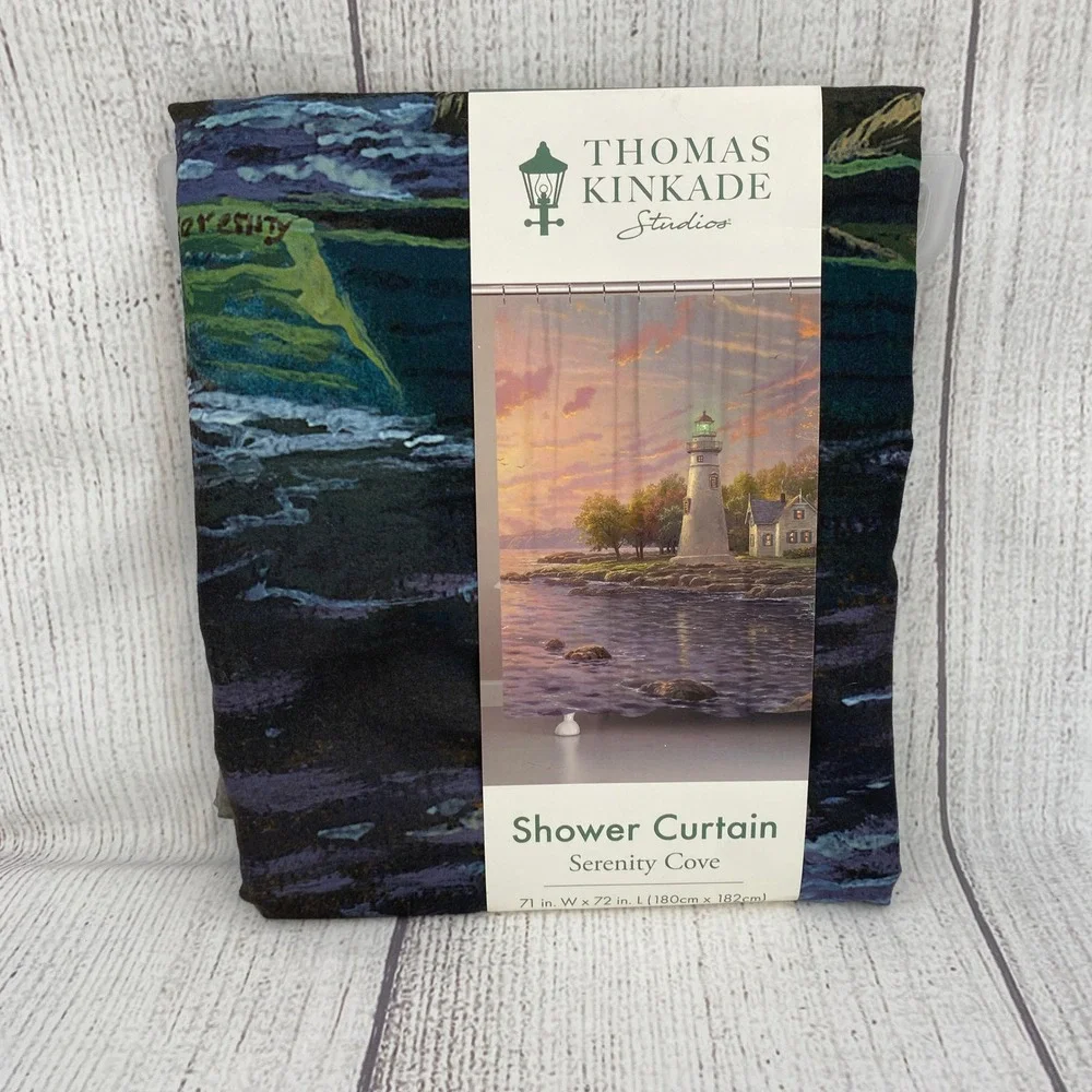 Thomas Kinkade Shower Curtain Multicolor Serenity Cove Lighthouse Landscape